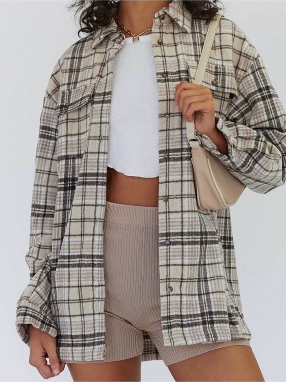 Princess Polly Cream & Brown Plaid Shacket